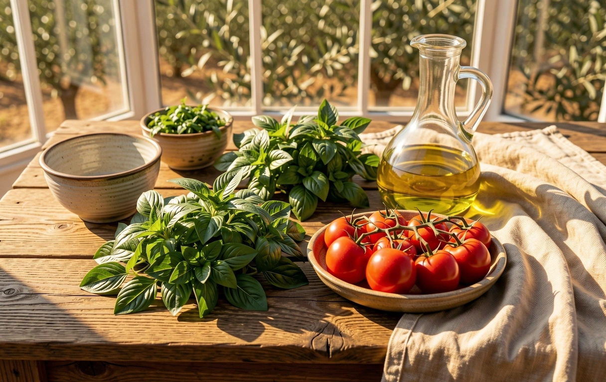 Ingredientes mediterráneos frescos en una mesa de madera